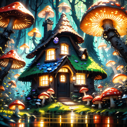 A cottage in a mushroom forest.